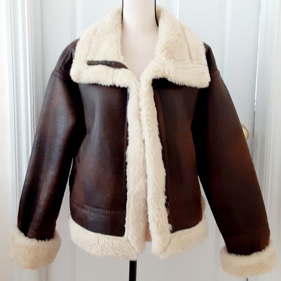 Scoop Jackets & Blazers - Scoop Chocolate Brown Faux Leather Shearling Bomber Jacket, Large